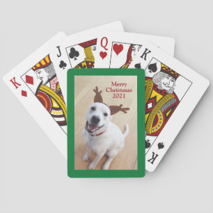 Lächelnd White Rentier Welpe Hund Weihnachten Grün Spielkarten