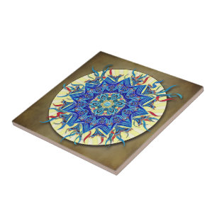 Lächelnde blauer Mondmandala-Keramik-Fliese Fliese