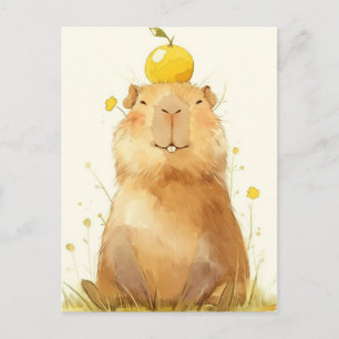 Lächelnde Capybara mit Yuzu-Frucht auf dem Kopf Postkarte