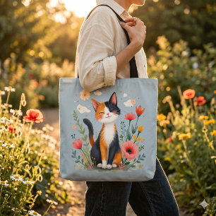 Lächelnde Dreifarbenkatze im blühenden Garten