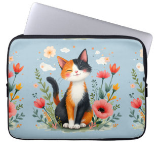 Lächelnde Dreifarbenkatze im blühenden Garten Laptopschutzhülle