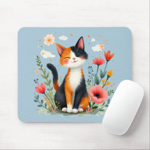 Lächelnde Dreifarbenkatze im blühenden Garten Mousepad