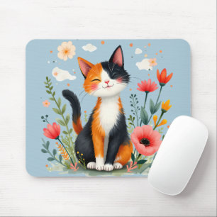 Lächelnde Dreifarbenkatze im blühenden Garten Mousepad