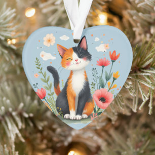 Lächelnde Dreifarbenkatze im blühenden Garten Ornament