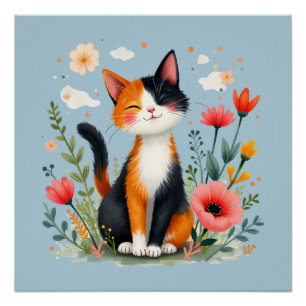 Lächelnde Dreifarbenkatze im blühenden Garten Poster