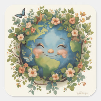 Lächelnde Erde Clipart – Glücklicher Planet mit Bl Quadratischer Aufkleber