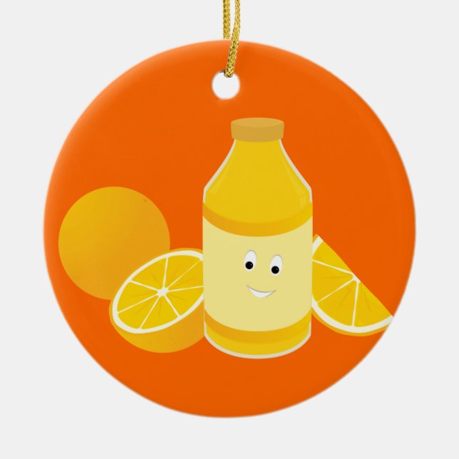 Lächelnde Flasche Orangensaft mit Orangen Keramikornament (Vorne)
