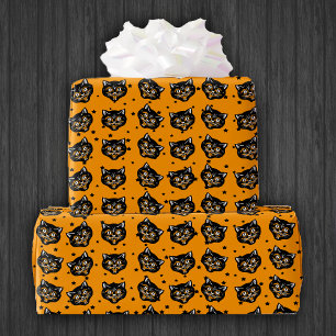 Lächelnde Halloween-Schwarze-Katzen-Gesicht Orange Geschenkpapier