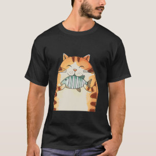 Lächelnde Katze umarmt Fisch Spaß T-Shirt