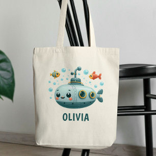 Lächelnde Kinder in einem süßen U-Boot mit Fischen Tragetasche