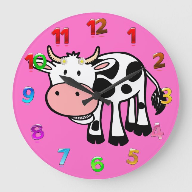 Lächelnde Kuh mit Gänseblümchen Große Wanduhr (Vorderseite)