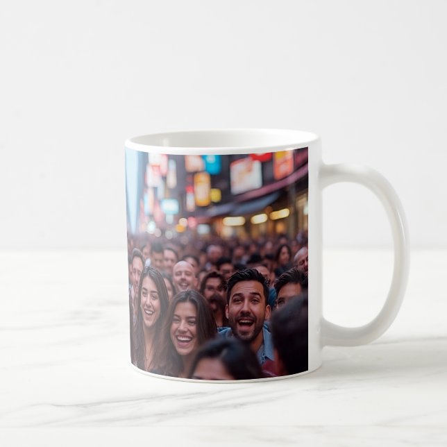 "Lächelnde Menschen auf belebter Straße" Kaffeetasse (Rechts)