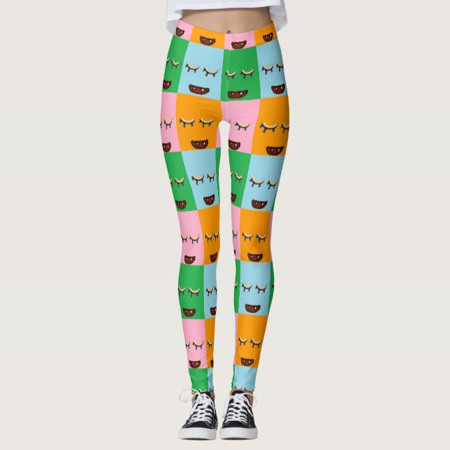 Lächelnde Monsterblockgesichte Leggings (Vorderseite)
