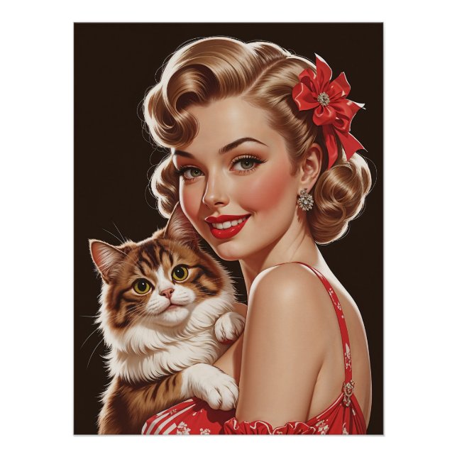 Lächelnde Pin-Up mit Katzenporträt Poster (Vorderseite)