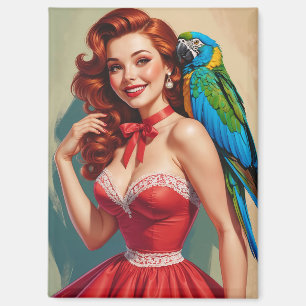 Lächelnde Rotschopf-Pin-Up und Papagei Magnet