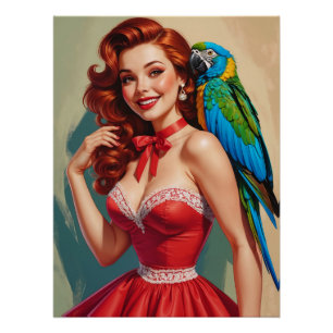 Lächelnde Rotschopf-Pin-Up und Papagei Poster