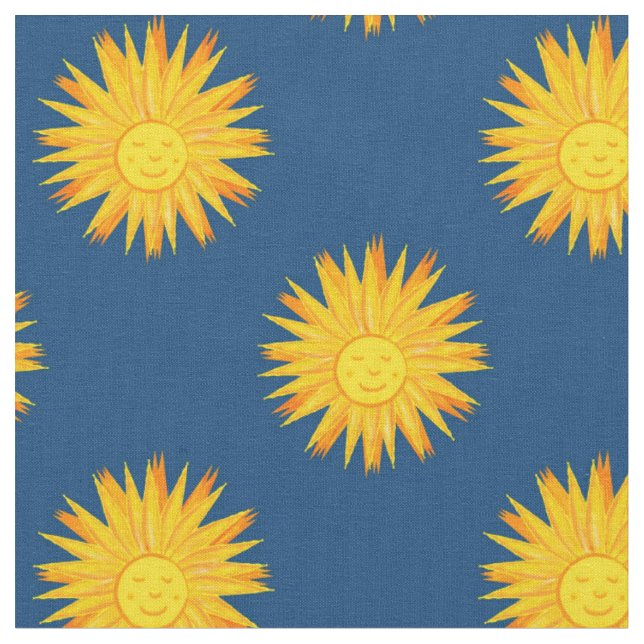 Lächelnde Sonne auf Blau-Moderne Himmelsmuster Stoff (Nahaufnahme)