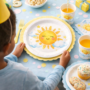 Lächelnde Sonne Blaue Wolken Baby Shower Thema Pappteller