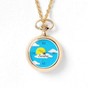 Lächelnde Sonne mit puffigen Wolken Armbanduhr