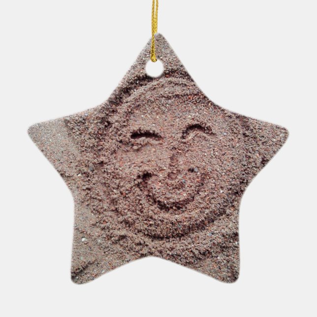 Lächelnde Sonne, Sand Emoticon, Sommer Emoji Keramikornament (Vorne)