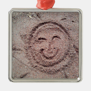 Lächelnde Sonne, Sand Emoticon, Sommer Emoji Silbernes Ornament