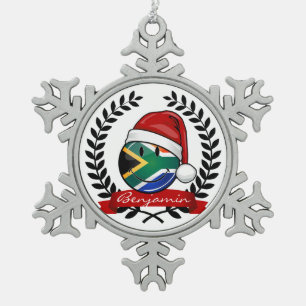 Lächelnde südafrikanische Flaggen-Weihnachtsart Schneeflocken Zinn-Ornament