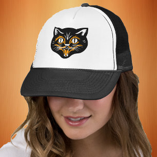 Lächelnde Vintage-Halloween-Katze Gesicht Schwarz Truckerkappe