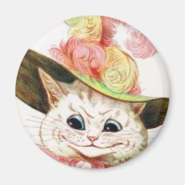 Lächelnde weiße Katze mit Hut Magnet (Vorne)