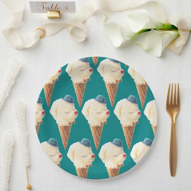 Lächelnder Bichon-Eiscreme-Muster Teal Kunst Pappteller (Hochzeit)