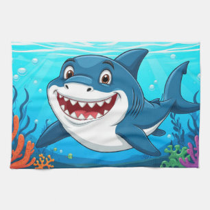 Lächelnder Cartoon-Hai, der unter Wasser schwimmt Geschirrtuch