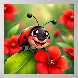 Lächelnder Cartoon Ladybug sitzend auf Blume Poster