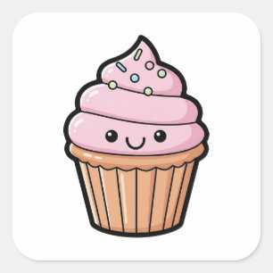 Lächelnder Cupcake – Süße Kawaii-Illustration Quadratischer Aufkleber