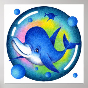 Lächelnder Delfin schwimmt. Poster