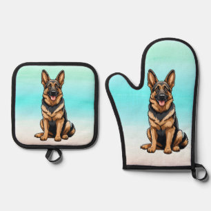 Lächelnder deutscher Schäferhund Ofenhandschuh & Topflappen-Set