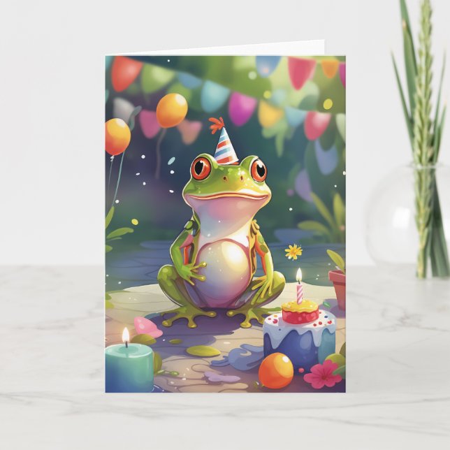 Lächelnder Frosch im Freien mit Kuchen Karte (Vorderseite)