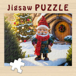 Lächelnder Gnom im Freien Weihnachtsbaum und Haus Puzzle