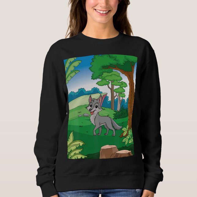 Lächelnder grauer Wolf, der den Wald mit Blu durch Sweatshirt (Vorderseite)