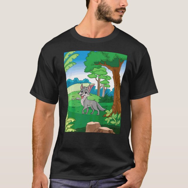Lächelnder grauer Wolf, der den Wald mit Blu durch T-Shirt (Vorderseite)
