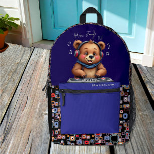 Lächelnder Grizzlybär-DJ, Happy Music Jungle Bedruckter Rucksack