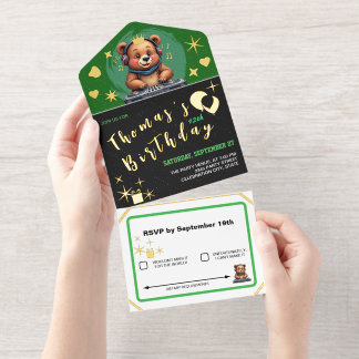 Lächelnder Grizzlybär DJ, Musik Dschungel / Geburt All-in-One-Einladung