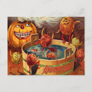 Lächelnder Jack O' Lantern Kürbis Apfel Postkarte