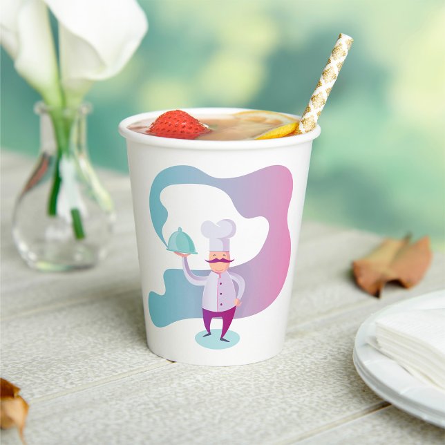 Lächelnder Koch mit Mustache und Serviertablett Pappbecher (Von Creator hochgeladen)