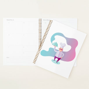 Lächelnder Koch mit Mustache und Serviertablett Planer