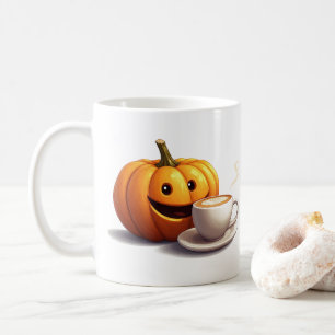 Lächelnder Kürbis mit Latte-Tasse Herbstkaffeezeit Kaffeetasse