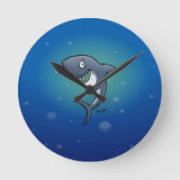 Lächelnder lustiger Haifisch auf blauem