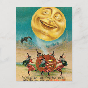 Lächelnder Mond über tanzenden Hexen Postkarte