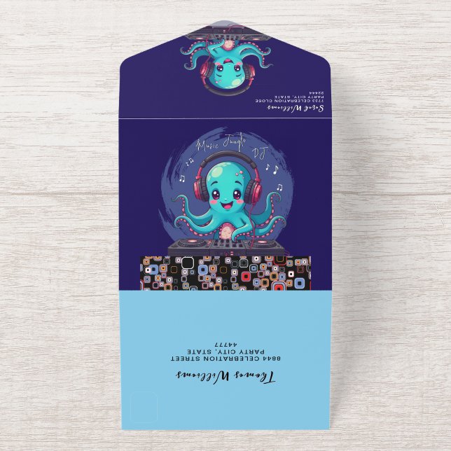 Lächelnder Octopus DJ, glücklicher Musikjung / Geb All-in-One-Einladung (Außenseite)