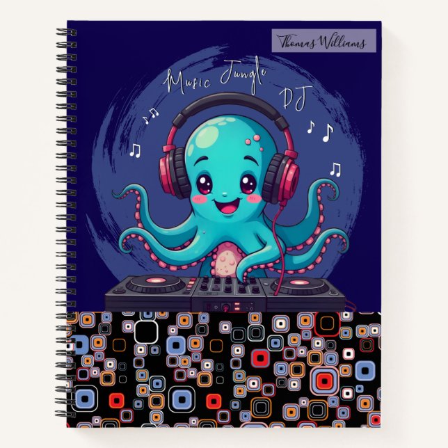 Lächelnder Octopus DJ, glücklicher Musikjung Notizbuch (Vorderseite)