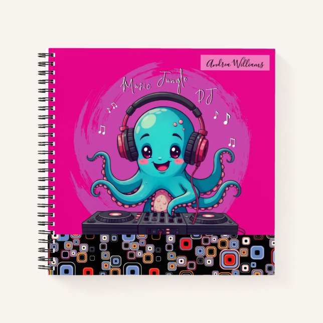 Lächelnder Octopus DJ, glücklicher Musikjung Notizbuch (Vorderseite)