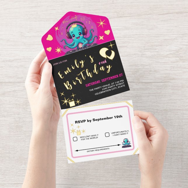 Lächelnder Octopus DJ, Happy Music Party / Geburts All-in-One-Einladung (Abreißstreifen)